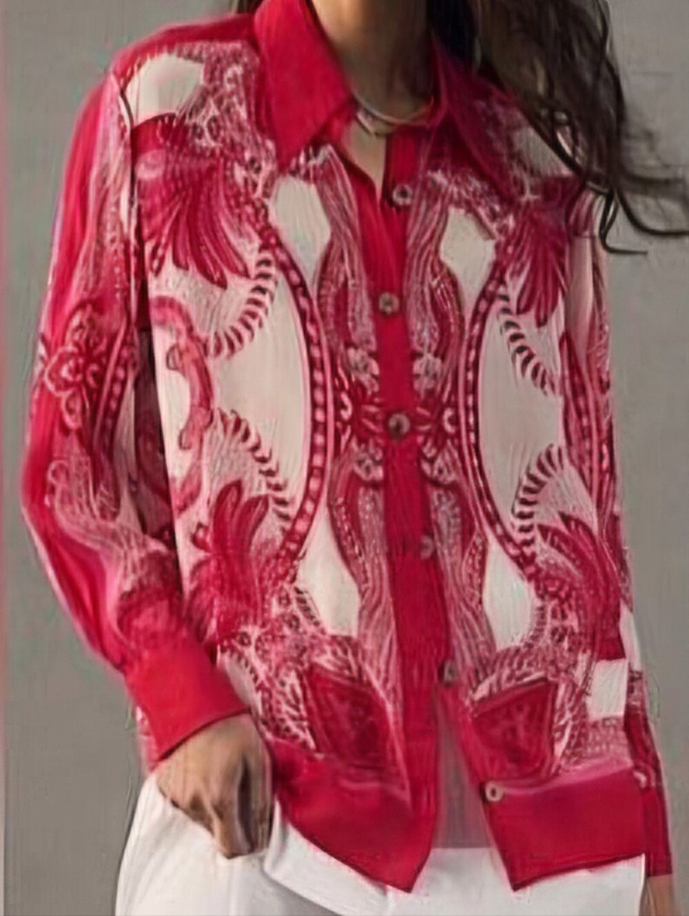 Farm Rio X Anthropologie Red Pink Scarf Long Sleeve Button Up Blouse XS NWT